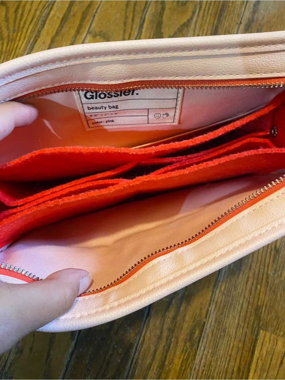 Glossier Light Pink Cosmetic Pouch with Coral Logo